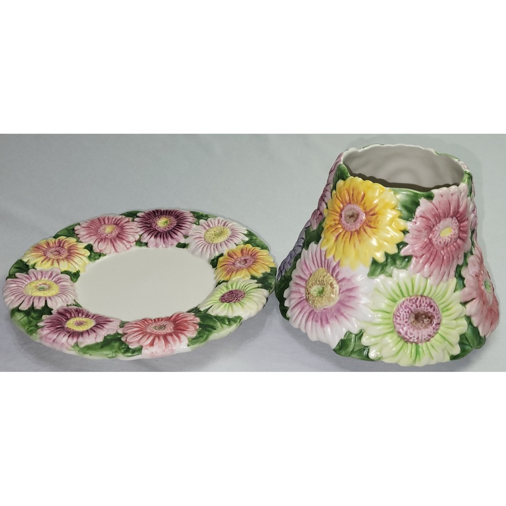 Yankee Candle Gerbera Daisy Jar Shade and Plate Set Floral Flowers Embossed 3D - Picture 9 of 13